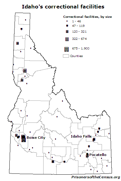 Map showing the size and location of Idaho's correctional facilities on a map of Idaho counties