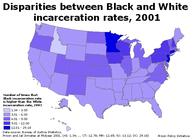 map showing the disparity between states' incarceration rates for Blacks and Whites 