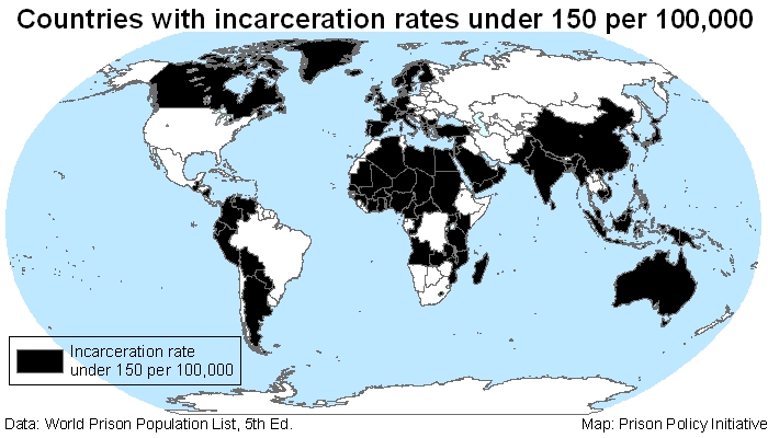 map: Countries with incarceration rates under 150 per 100,000