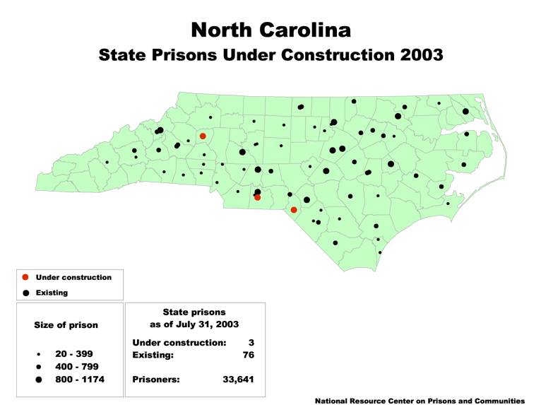 Map showing the size and location of state prisons under construction in North Carolina in 2003