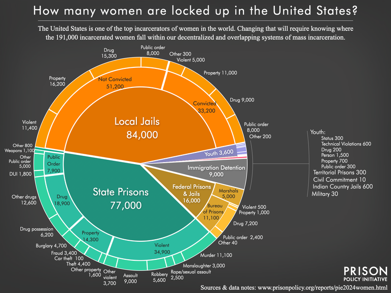 Pie chart showing the number of women locked up on a given day in the United States by facility type and the underlying offense using the newest data available in March 2024