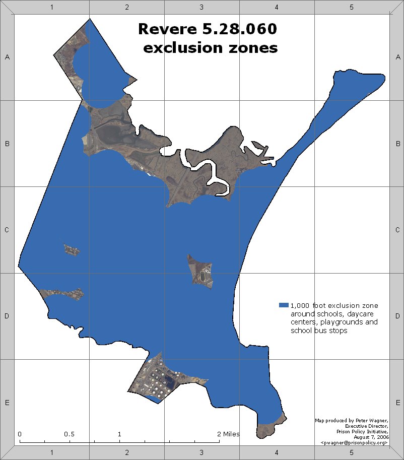 A map of Revere, MA, with exclusion zones colored in blue. Most of the city is in an exclusion zone.
