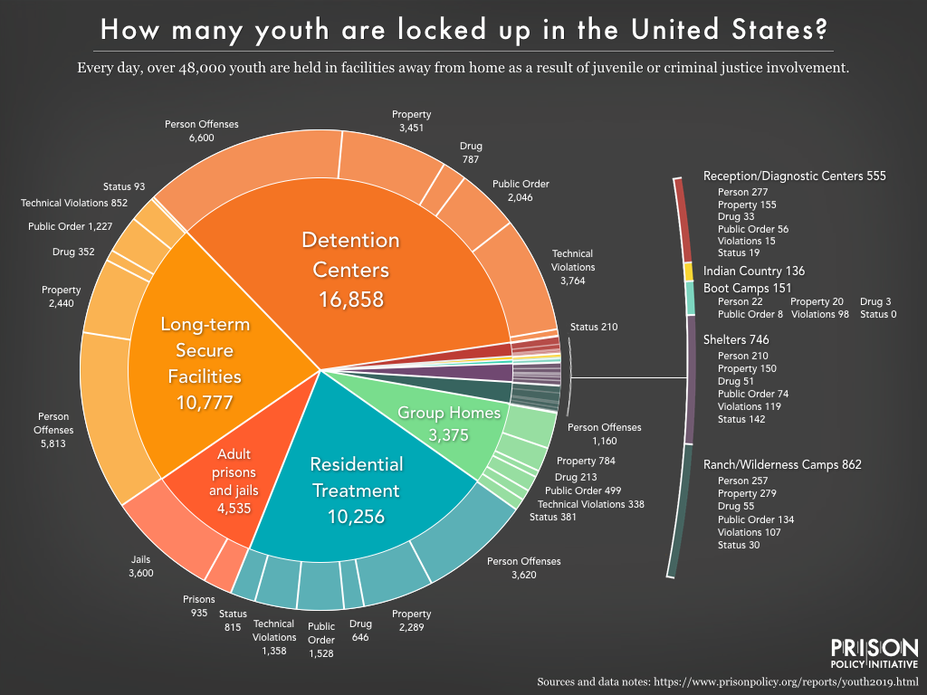 Pie chart showing how many youth are locked up in the U.S., what types of facilities they are held in, and the offenses for which they are held.